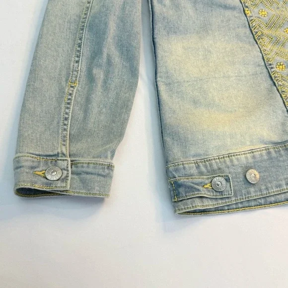 LuLaRoe Jaxon Denim Jacket‎ XL Light Wash Yellow Embroidered Boho Trucker Jean - Picture 10 of 13